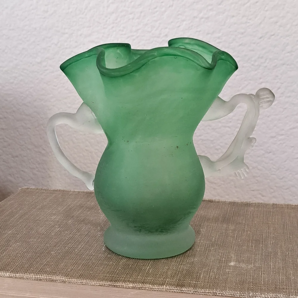 Handblown Green Glass Vase W/Handles & Ruffle Rim 5